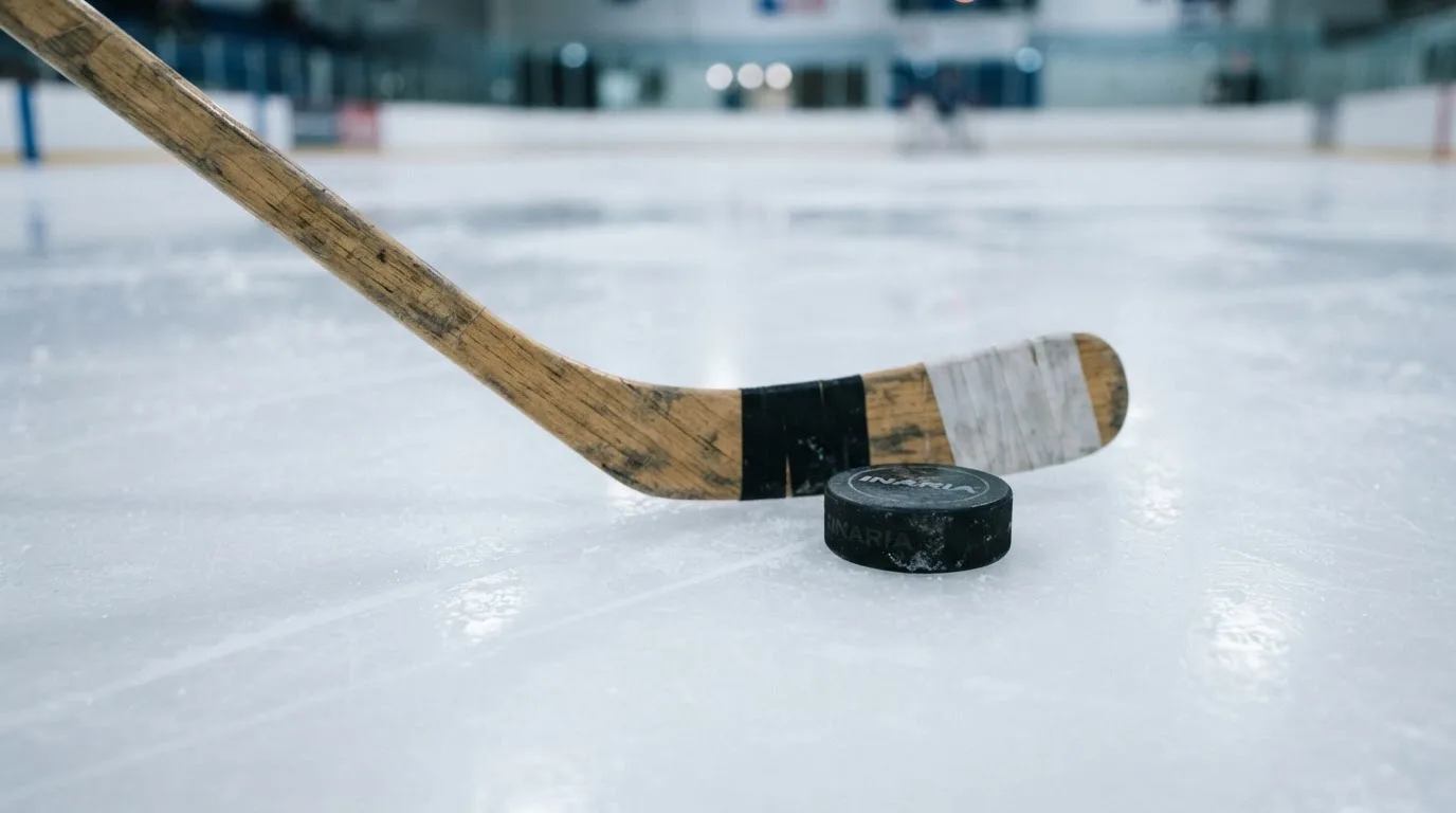 Ein Eishockeyschläger und ein schwarzer Puck liegen auf dem Eis, eine Kratzspur zieht sich durch das Bild.