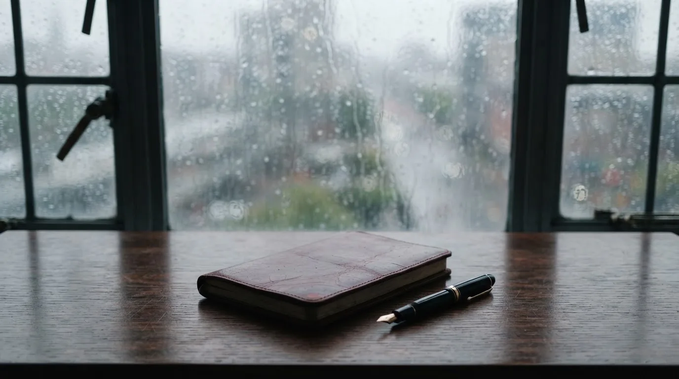 Ein Schreibtisch mit Füllfeder und geschlossenem Notizbuch vor einem Fenster an einem regnerischen Tag, kein Text erkennbar.