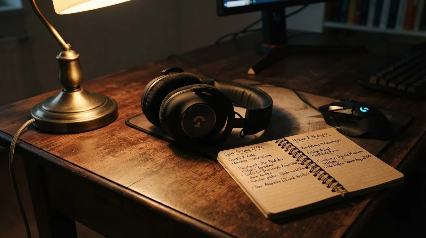 Ein Headset und eine Computermaus liegen auf einem Schreibtisch neben einem Notizbuch mit handschriftlichen Notizen, Lampenlicht am Abend.