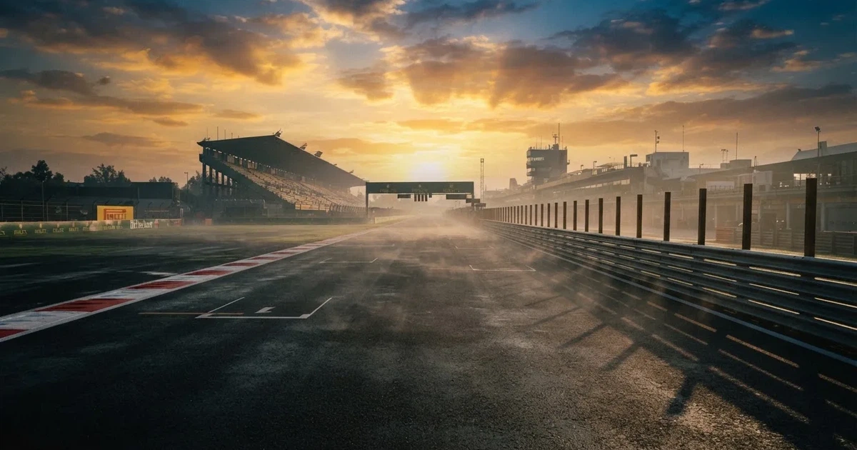 Eine Rennstrecke bei Sonnenaufgang, leere Zielgerade mit Randsteinen und Leitplanken, Nebel liegt über dem Asphalt.