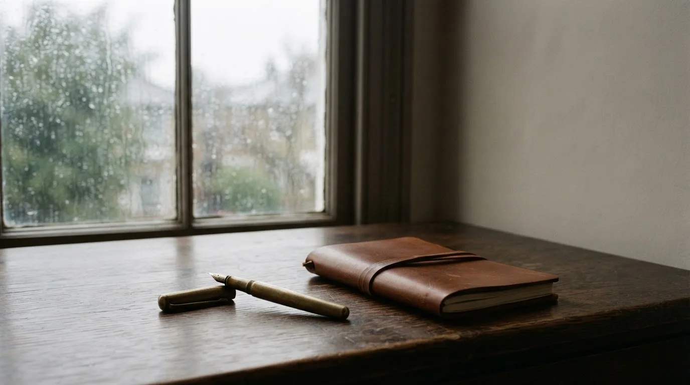 Ein Schreibtisch mit Füllfeder und geschlossenem Notizbuch vor einem regennassen Fenster, die Szene ist ruhig und ohne lesbaren Text.