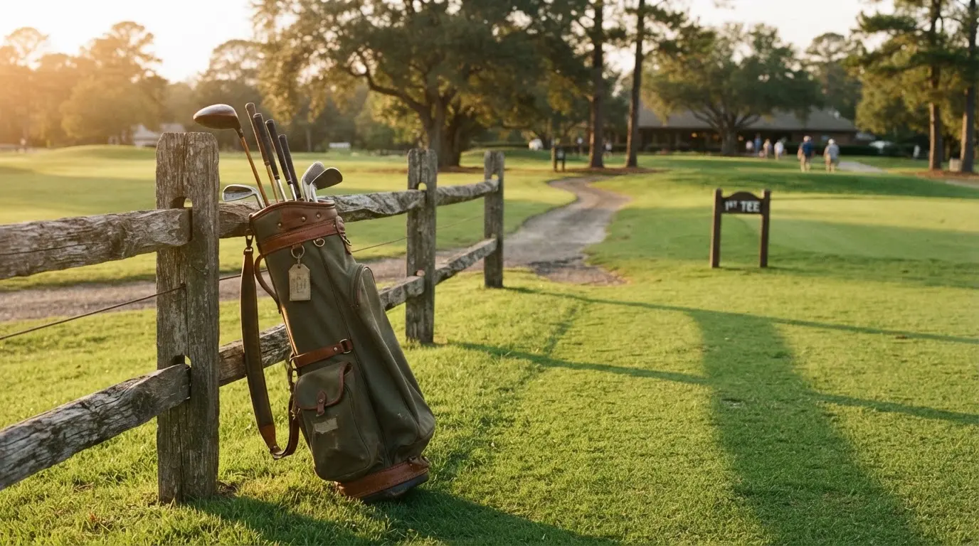 Ein Golfbag mit Schlägern lehnt an einem Holzzaun am Rand einer Spielbahn, tiefstehende Sonne von der Seite.