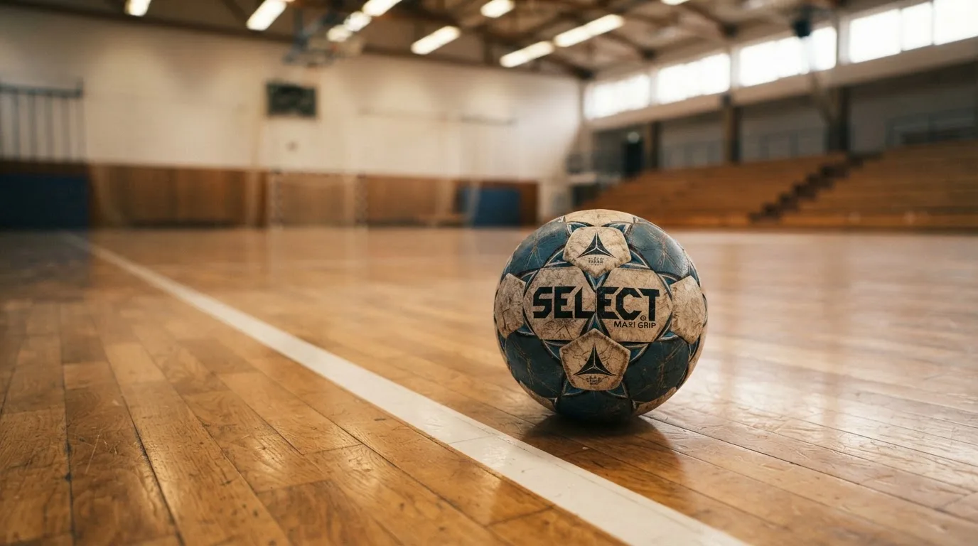 Ein Handball liegt auf dem Parkett einer Halle neben einer Spielfeldlinie, Licht fällt von oben ein.
