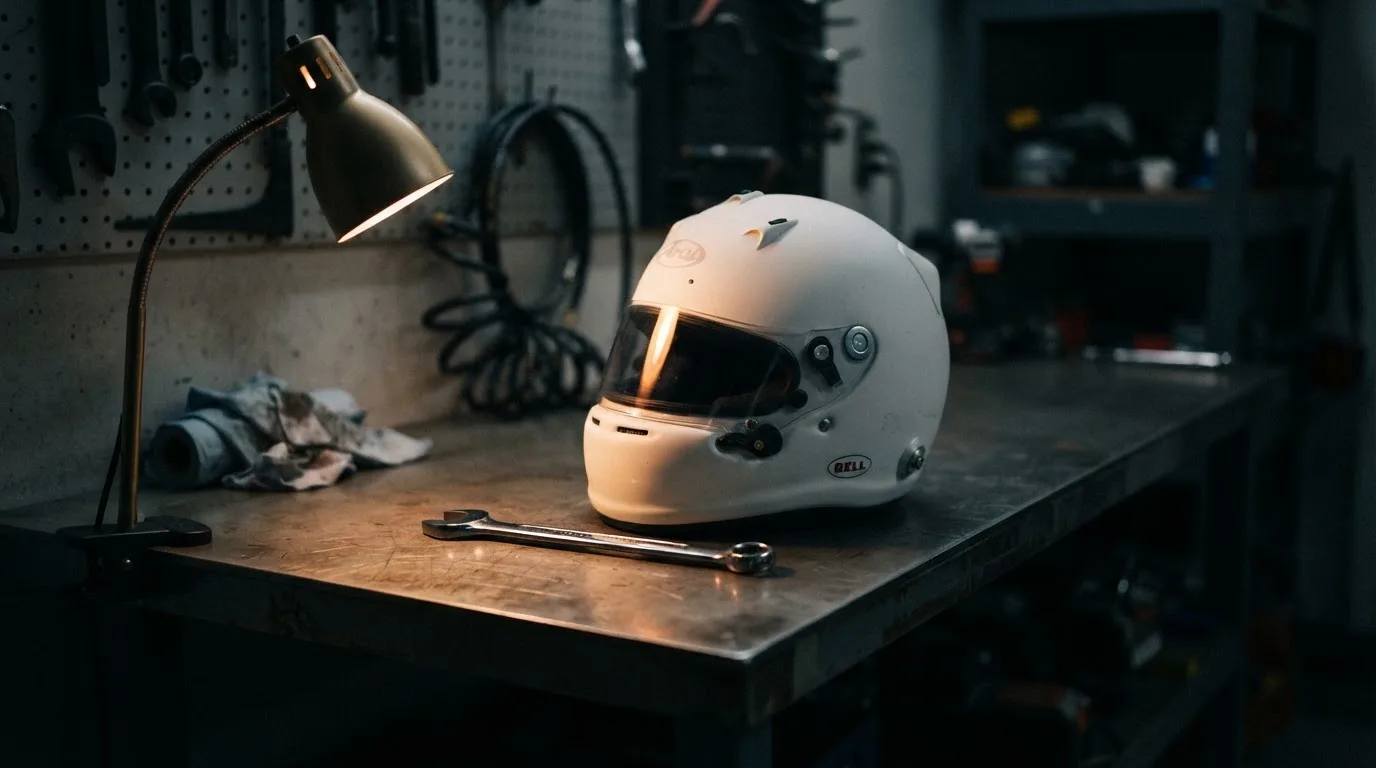 Ein Helm ohne Aufdruck steht auf einem Metalltisch in einer Werkstatt, daneben ein Schraubenschlüssel im Licht einer Lampe.