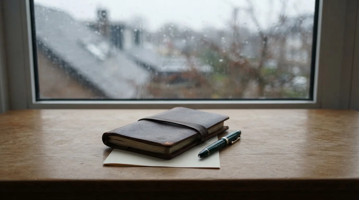 Ein Schreibtisch mit Füllfeder und geschlossenem Notizbuch vor einem regennassen Fenster, die Szene ist ruhig und ohne lesbaren Text.