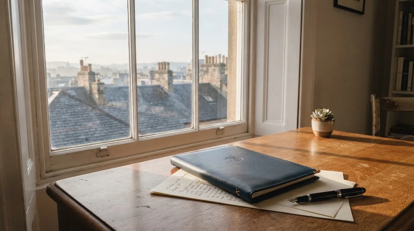 Ein Schreibtisch mit Füllfeder und geschlossenem Ordner im Morgenlicht, daneben ein Fenster mit Blick auf Dächer.