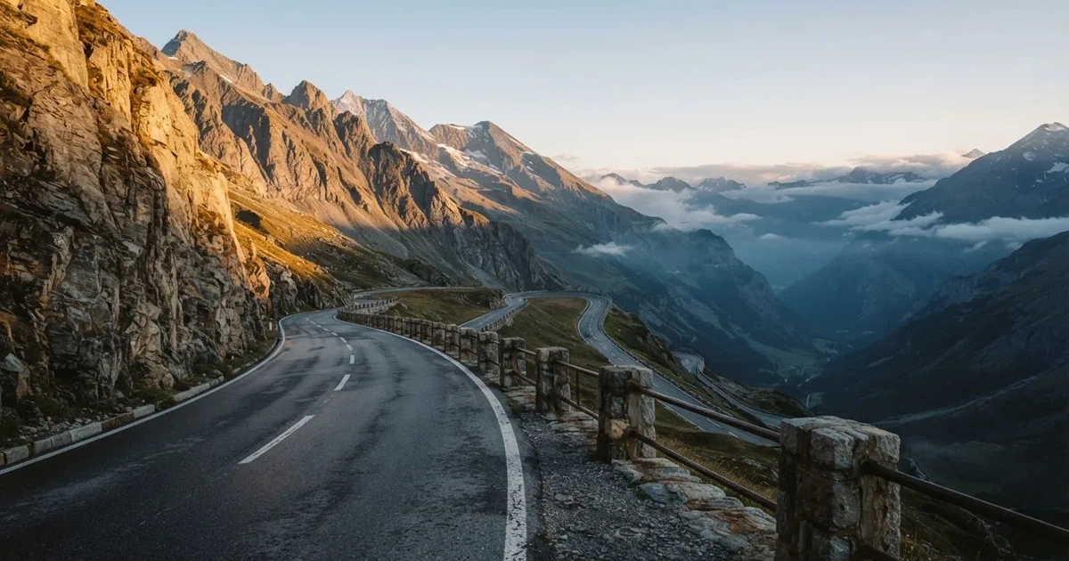 Eine leere Bergstraße in Serpentinen im Morgenlicht, links eine Felswand, rechts ein niedriger Steinzaun über dem Tal.