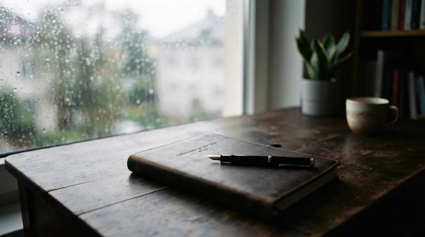 Ein Schreibtisch mit Füllfeder und geschlossenem Notizbuch vor einem regennassen Fenster, die Szene ist ruhig und ohne lesbaren Text.