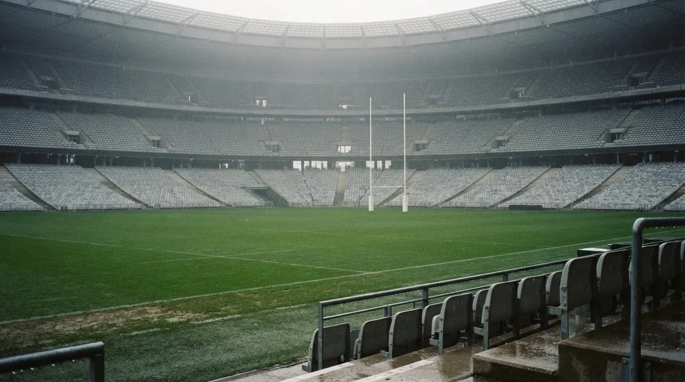 Die leere Tribüne eines Stadions mit Torstangen im Hintergrund, feiner Regen fällt über den Rängen.