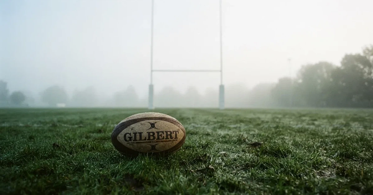 Ein ovaler Rugbyball liegt auf nassem Rasen vor den Torstangen, Nebel hängt über dem Platz am Morgen.