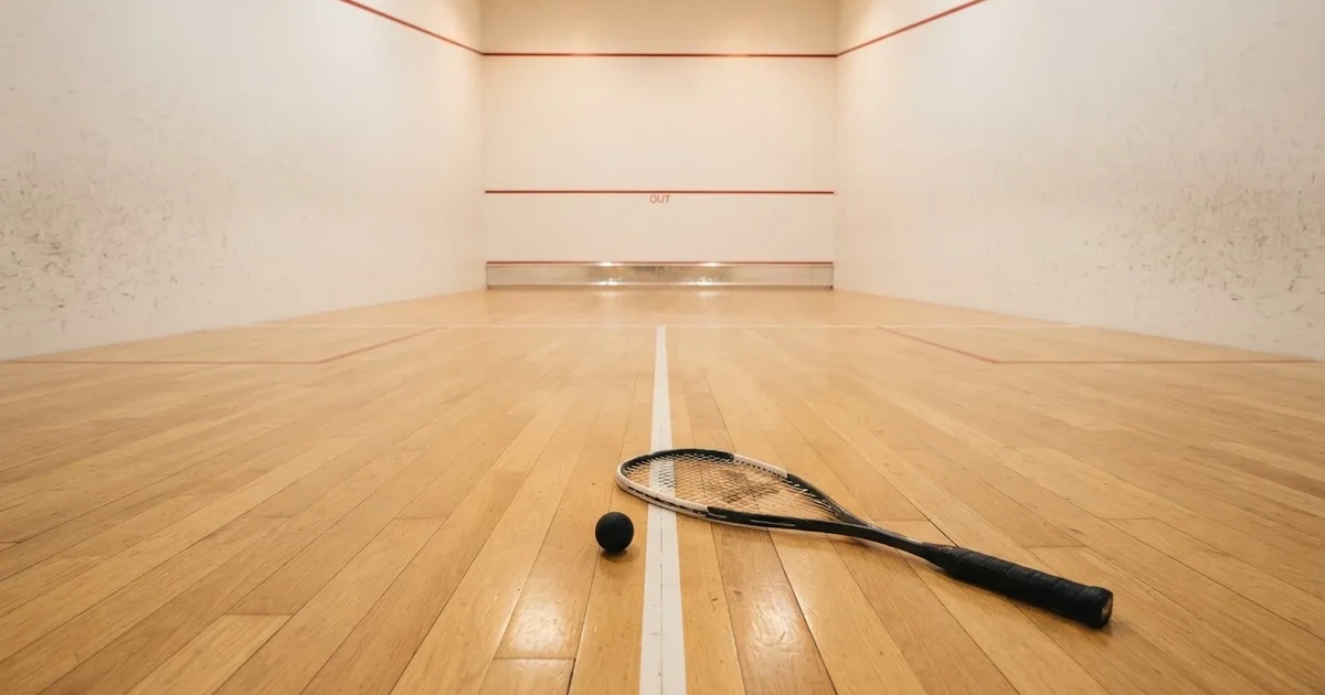 Squashhalle mit weißen Wänden und hellem Holzboden, ein kleiner schwarzer Gummiball liegt neben einem Schläger auf der Linie, weiches Hallenlicht.