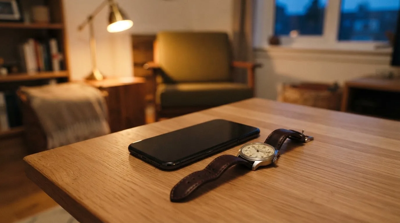 Ein Smartphone liegt mit dem Display nach unten auf einem Tisch neben einer Armbanduhr, im Hintergrund eine ruhige Wohnzimmerecke am Abend.