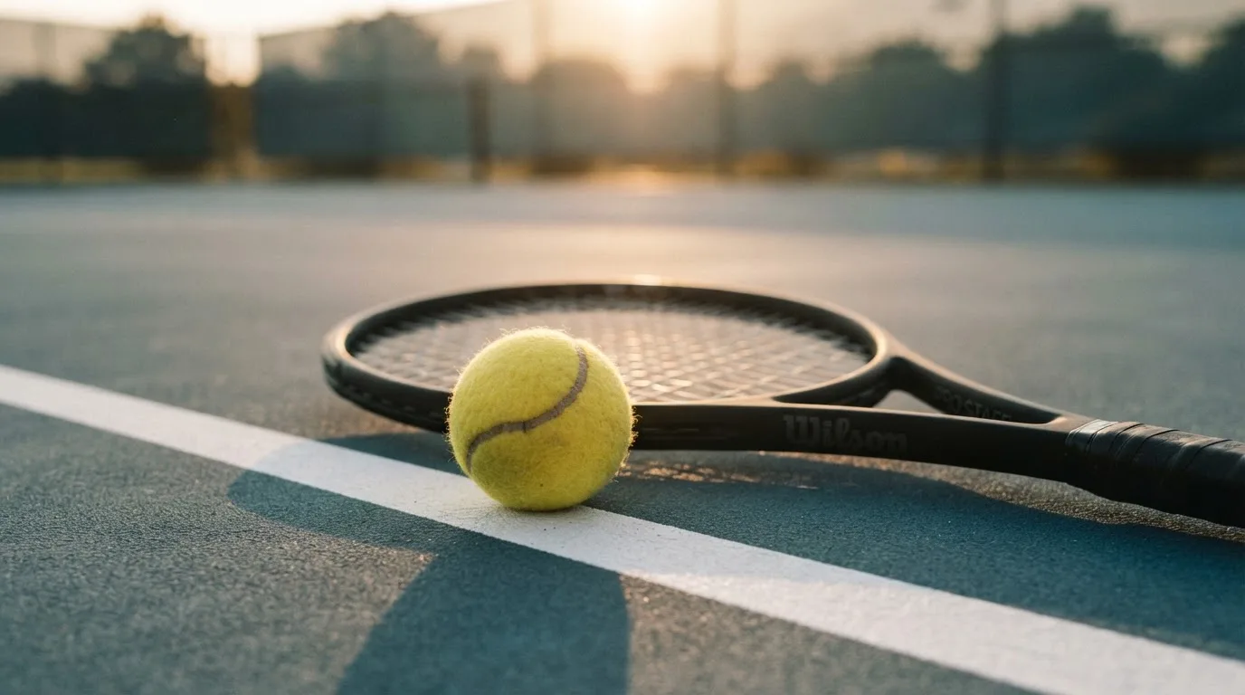 Ein gelber Tennisball liegt auf der weißen Linie eines Hartplatzes, davor ein Schläger mit der Bespannung nach oben, flaches Gegenlicht.