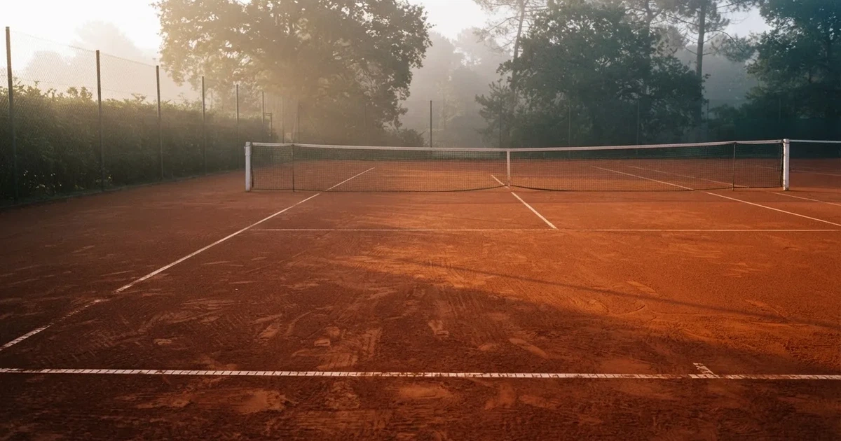 Ein leerer Tennisplatz mit Sandbelag im frühen Morgenlicht, Netz und Grundlinie sind sichtbar, niemand ist auf dem Platz.