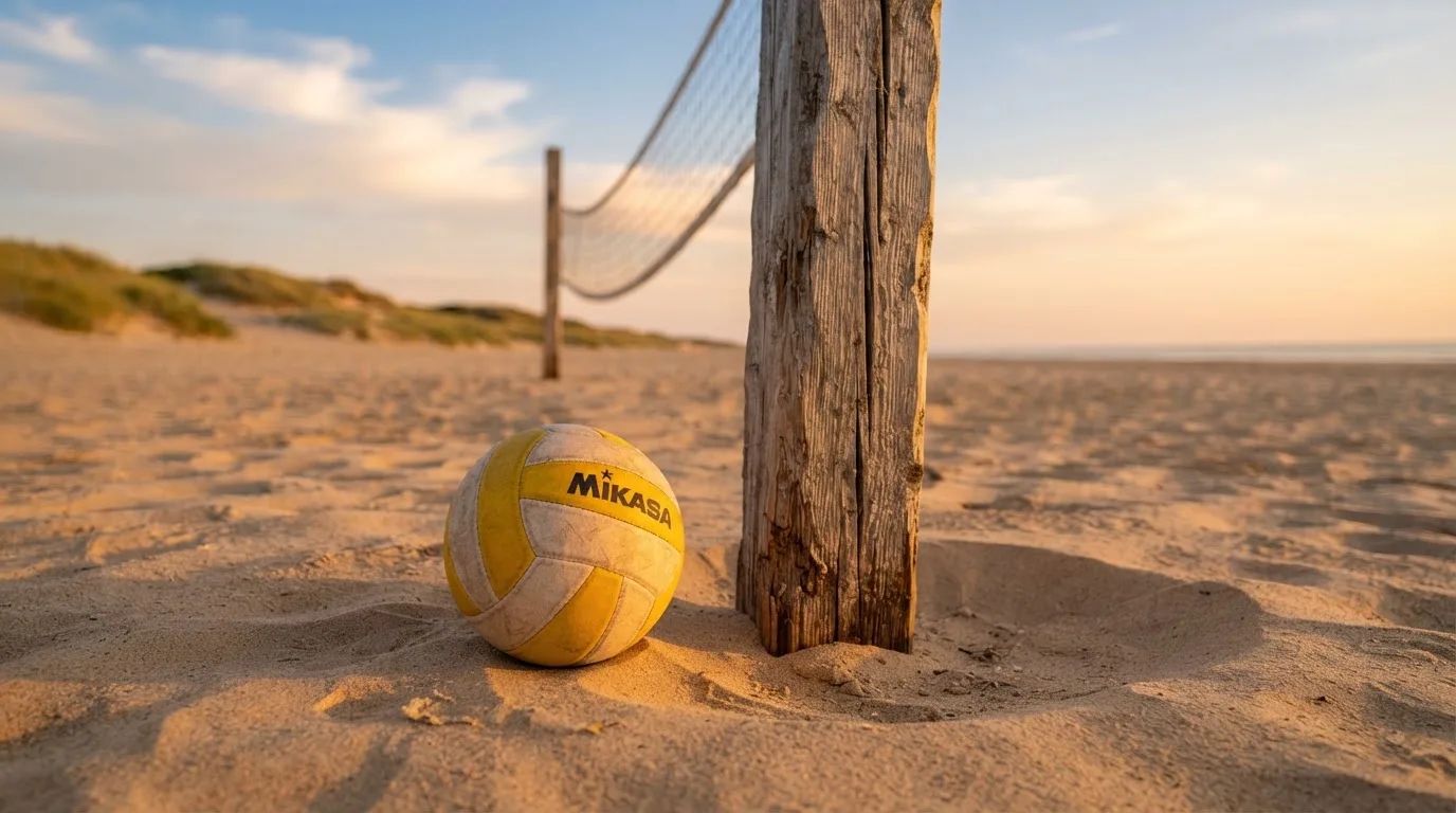 Ein Volleyball liegt auf Sand neben einem Netzpfosten, Strandlicht am späten Nachmittag, im Hintergrund unscharfe Dünen.