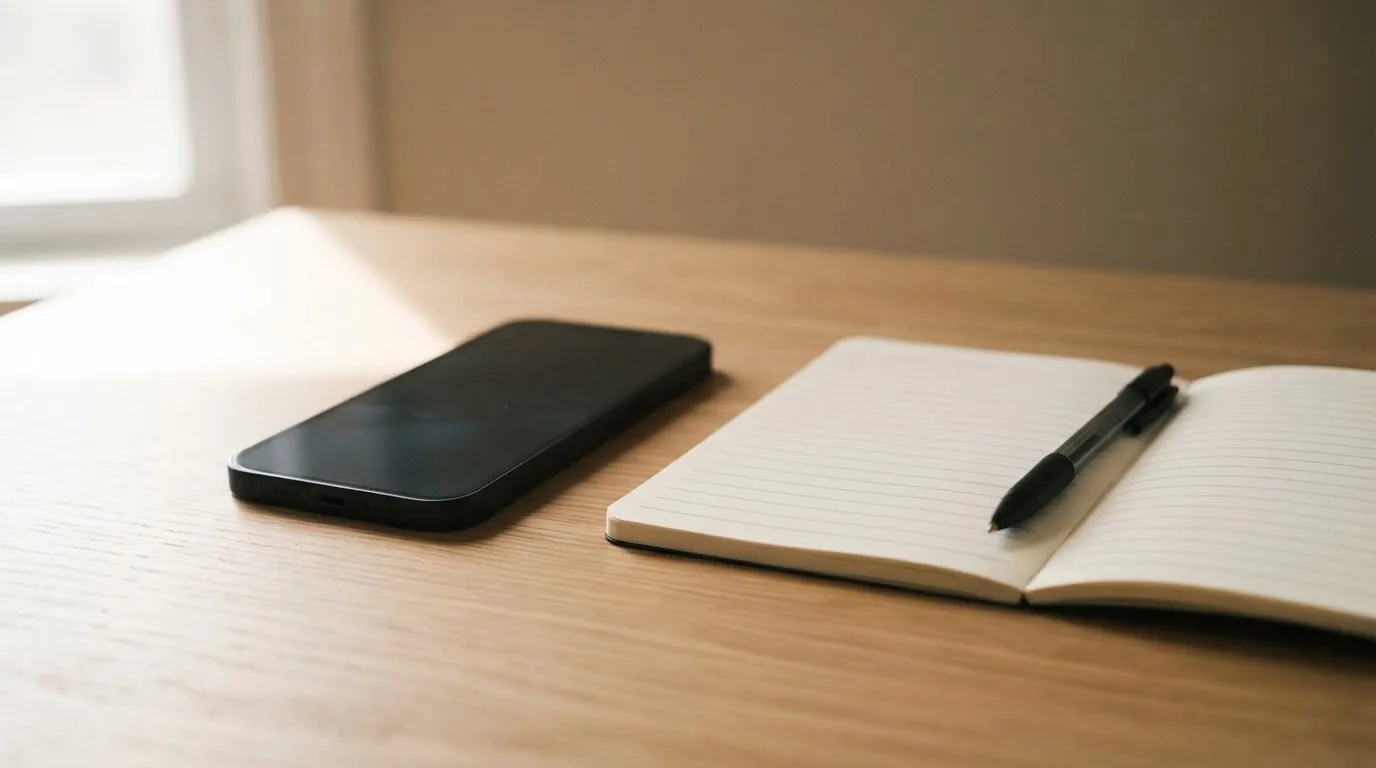 Ein Smartphone mit dunklem Display liegt auf einem Holztisch neben einem Notizblock und einem Stift, Tageslicht von links.