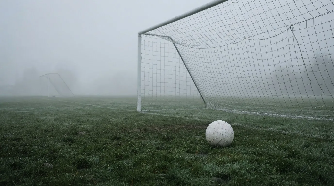 Ein Fußballtor im Nebel eines frühen Morgens, das Netz hängt feucht, auf dem Rasen davor liegt ein einzelner Ball.
