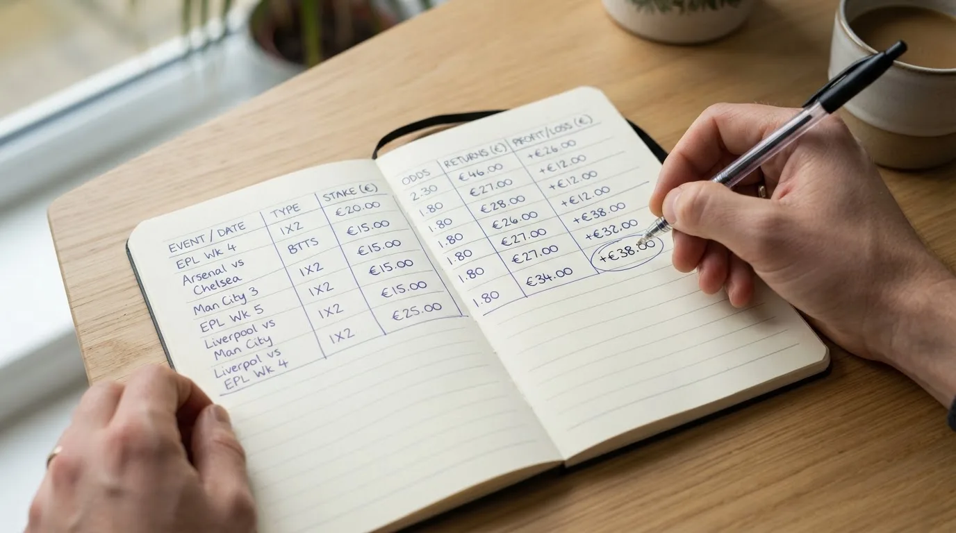 Ein Notizbuch mit handschriftlichen Zahlenreihen liegt neben einem Taschenrechner auf einem hellen Tisch, Tageslicht fällt von der Seite.