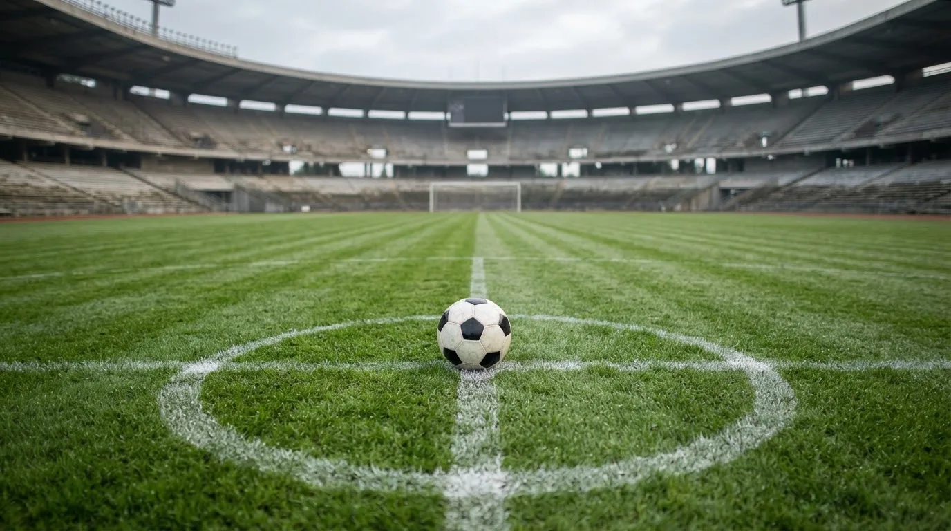 Ein Fußball auf dem Mittelpunkt eines Rasenplatzes, früher Morgen, Tau auf dem Gras, im Hintergrund leere Tribünen.