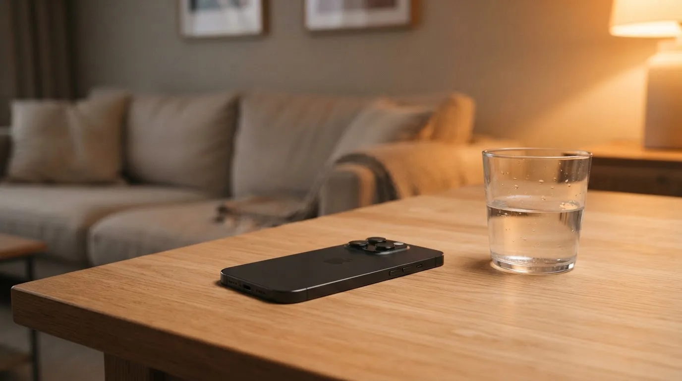 Ein Smartphone liegt mit dem Display nach unten auf einem Holztisch neben einem Glas Wasser, ruhige Abendstimmung in einem Wohnzimmer.