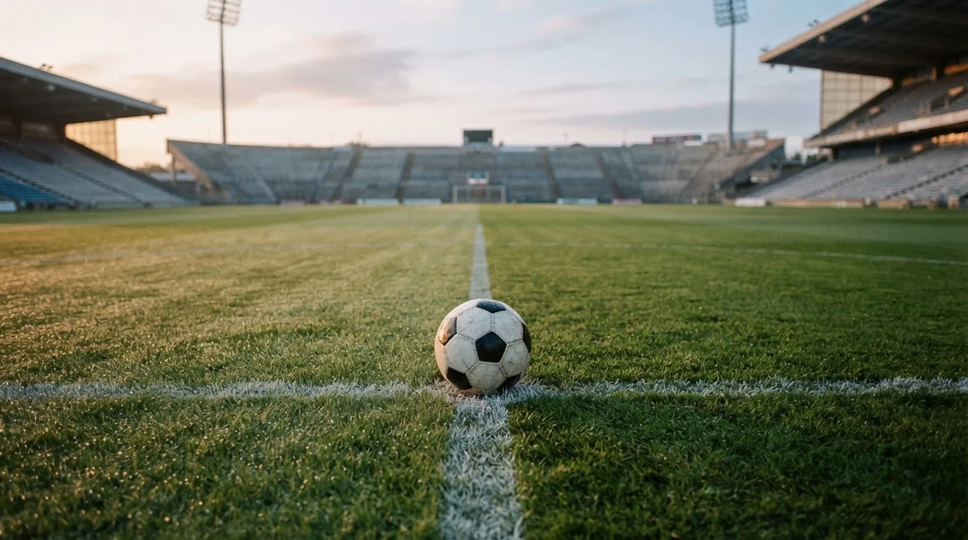Ein Fußball auf dem Mittelpunkt eines Rasenplatzes, früher Morgen, Tau auf dem Gras, im Hintergrund leere Tribünen.