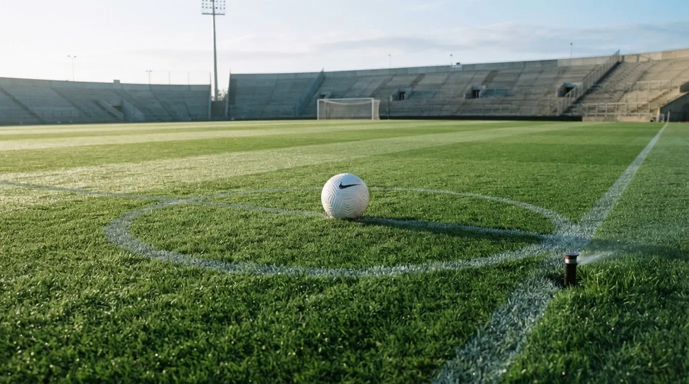 Ein Fußball auf dem Mittelpunkt eines Rasenplatzes, früher Morgen, Tau auf dem Gras, im Hintergrund leere Tribünen.