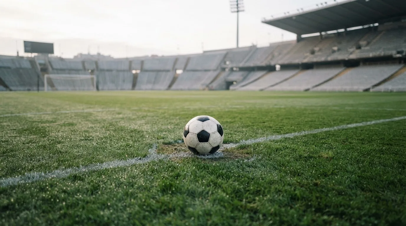 Ein Fußball auf dem Mittelpunkt eines Rasenplatzes, früher Morgen, Tau auf dem Gras, im Hintergrund leere Tribünen.