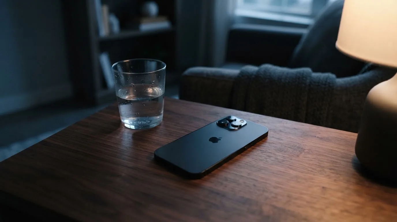 Ein Smartphone liegt mit dem Display nach unten auf einem Holztisch neben einem Glas Wasser, ruhige Abendstimmung in einem Wohnzimmer.