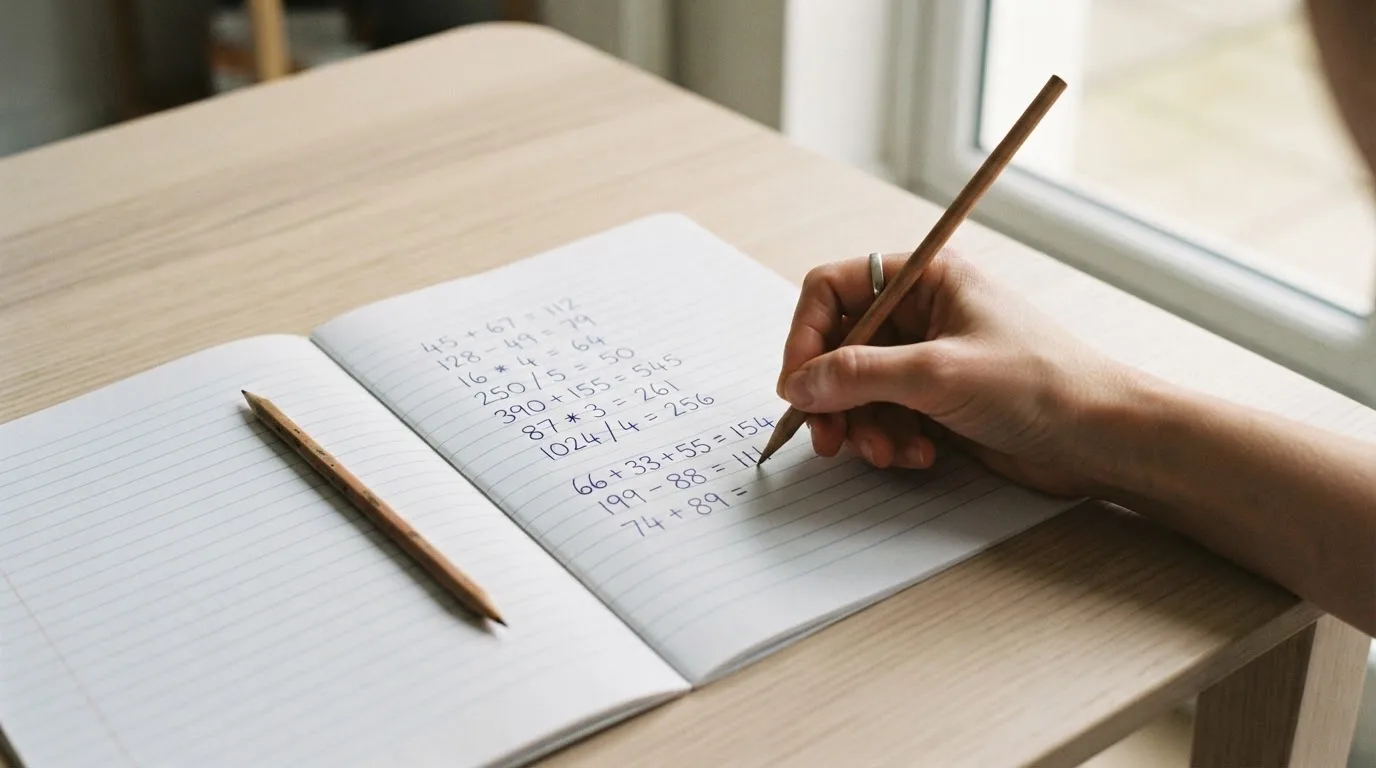 Ein Notizbuch mit handgeschriebenen Zahlenreihen liegt neben einem Taschenrechner und einem Bleistift auf einem hellen Tisch, Tageslicht von der Seite.