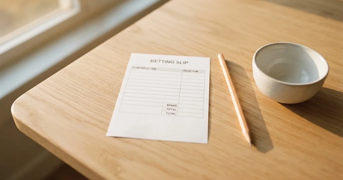 Ein blanker Wettschein aus Papier liegt neben einem Bleistift auf einem hellen Holztisch, daneben eine kleine Schale, ohne erkennbare Schrift.