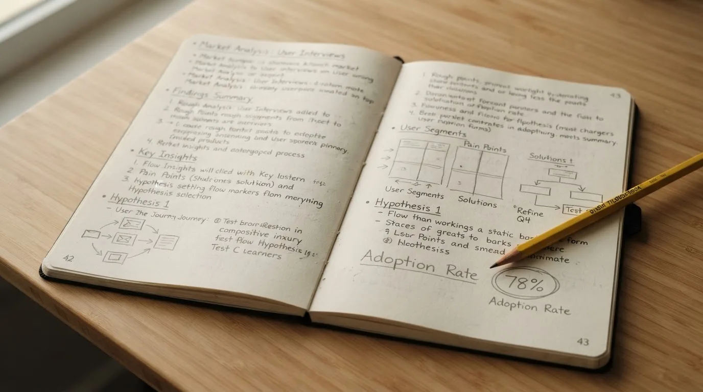 Ein aufgeschlagenes Notizbuch mit handschriftlichen Notizen und einfachen Skizzen liegt neben einem Bleistift auf einem hellen Holztisch.