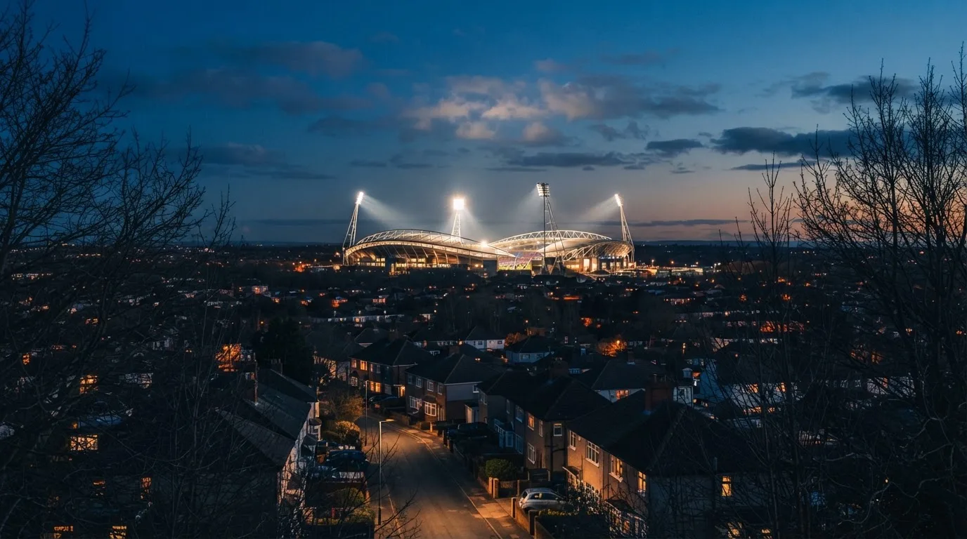 Ein Flutlichtstadion bei Dämmerung aus weiter Ferne gesehen, die Lichtmasten leuchten über Dächern, Bäumen und einer ruhigen Stadtrandlandschaft.