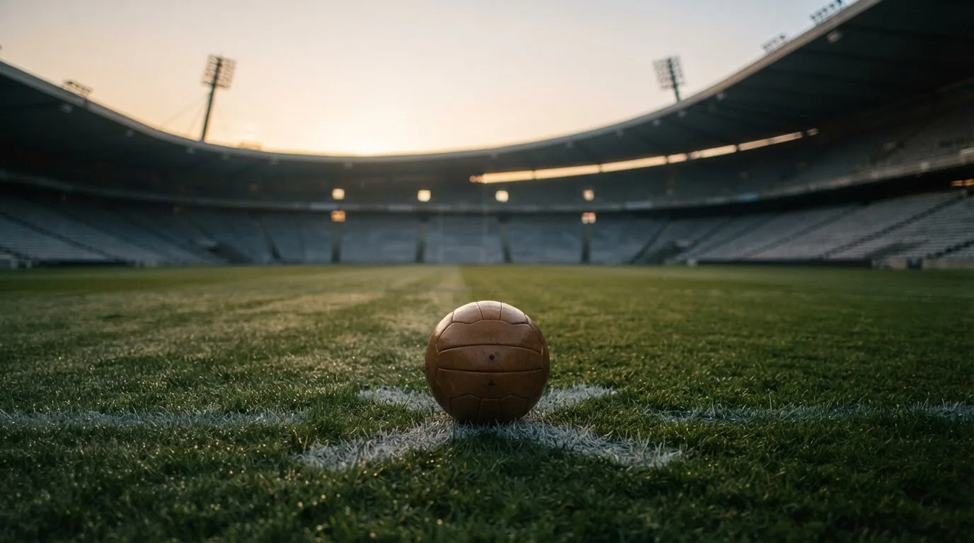 Ein Fußball liegt in der Mitte eines Rasens im Licht der tief stehenden Sonne, dahinter leere Sitzreihen.