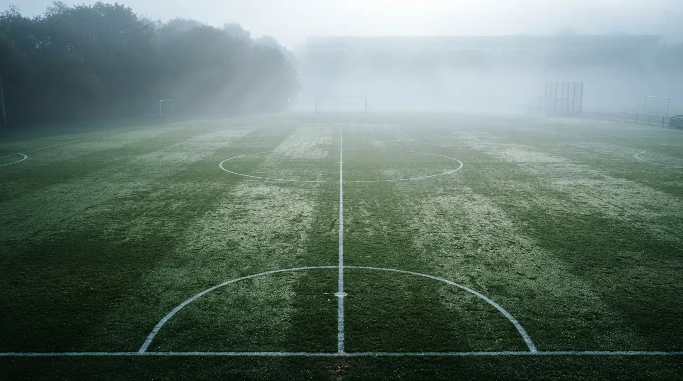Ein Fußballfeld im Morgennebel aus erhöhter Position gesehen, Mittellinie und Tore sind sichtbar, keine Spieler auf dem Rasen.