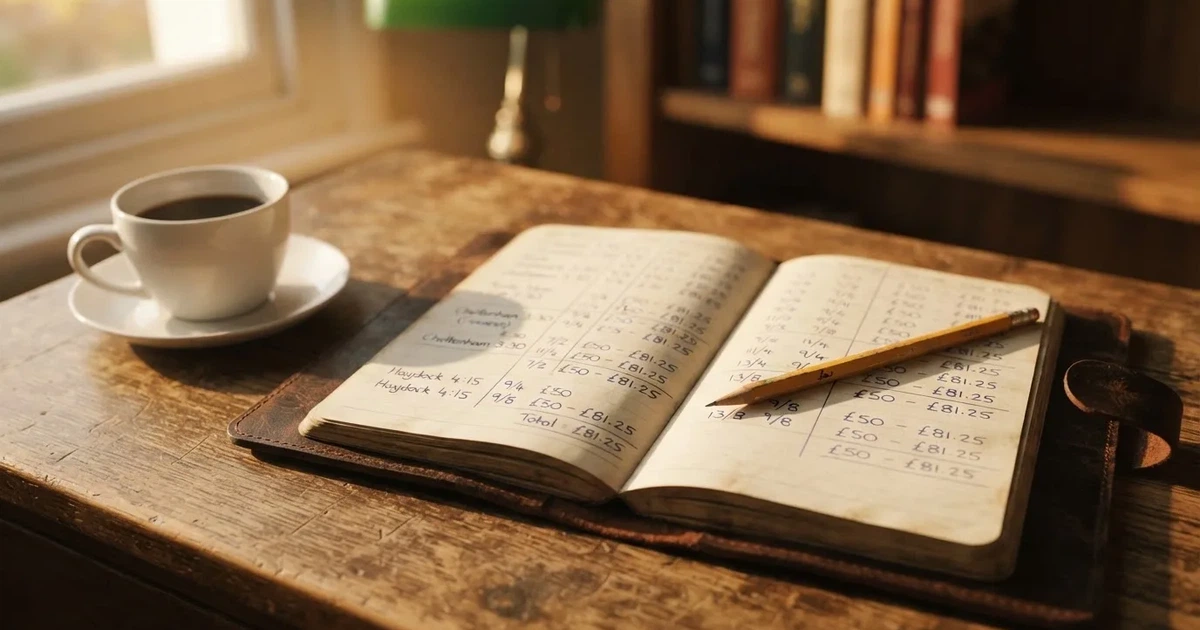 Ein Notizbuch mit handschriftlichen Notizen liegt neben einem Bleistift und einer Tasse Kaffee auf einem Holztisch.