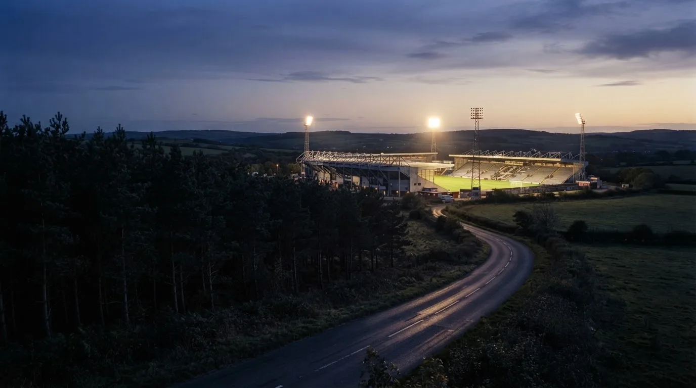 Ein Flutlichtstadion in der Dämmerung aus weiter Ferne, davor ein Wald und eine leere Straße.