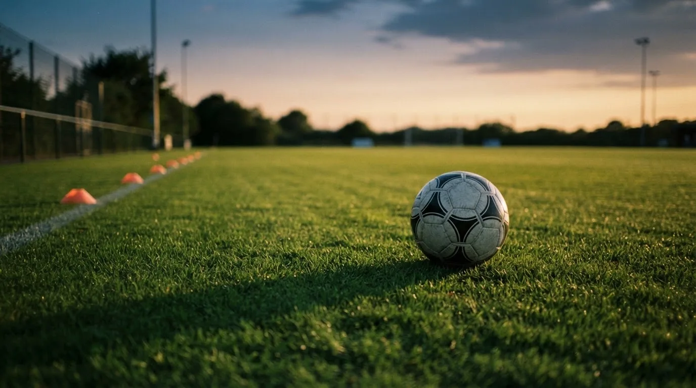 Ein Fußball liegt auf einem Rasenplatz im Abendlicht, am Rand stehen ein paar Hütchen, niemand ist zu sehen.