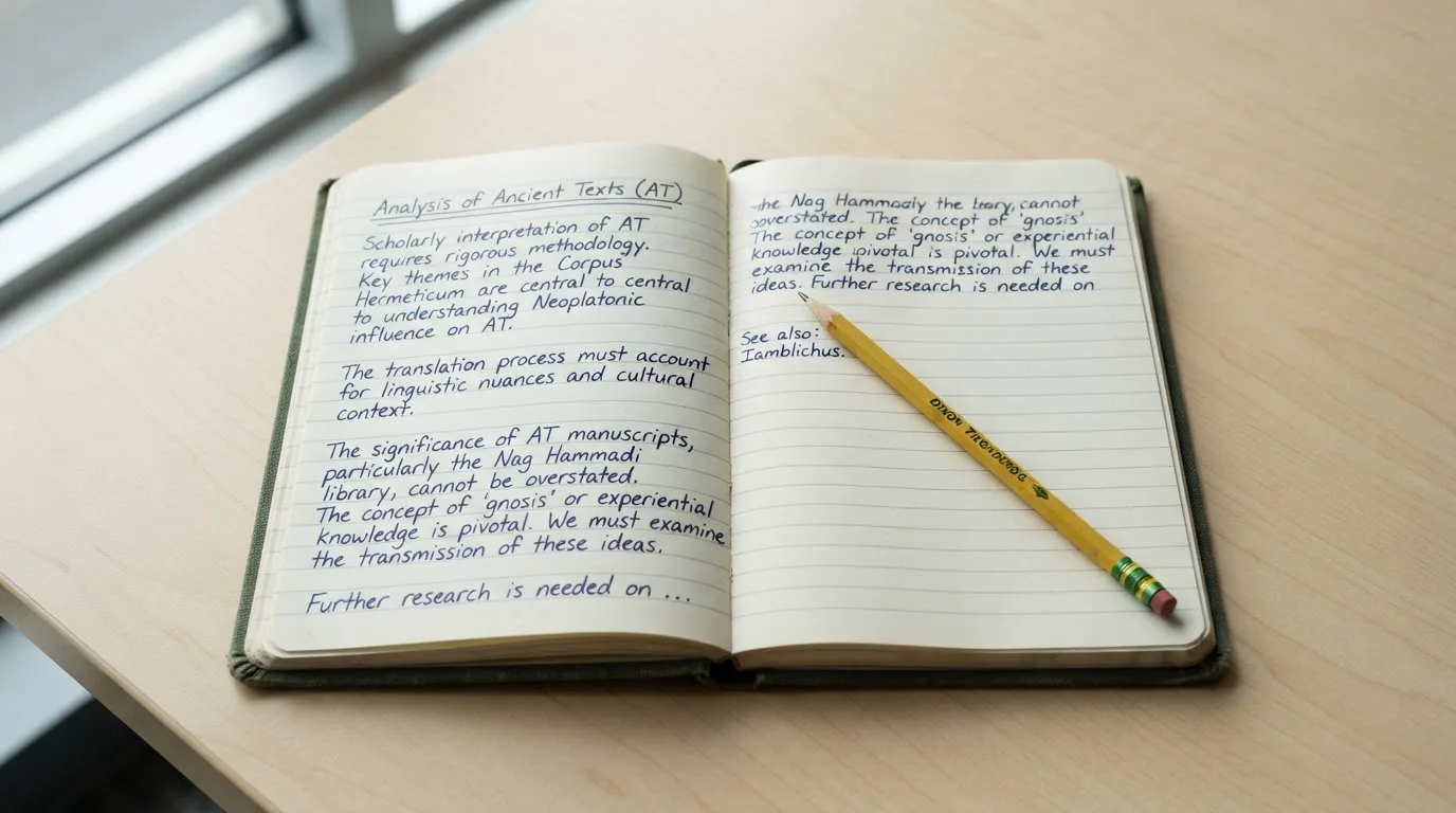 Ein aufgeschlagenes Notizbuch mit handschriftlichen Notizen liegt neben einem Bleistift auf einem hellen Holztisch.