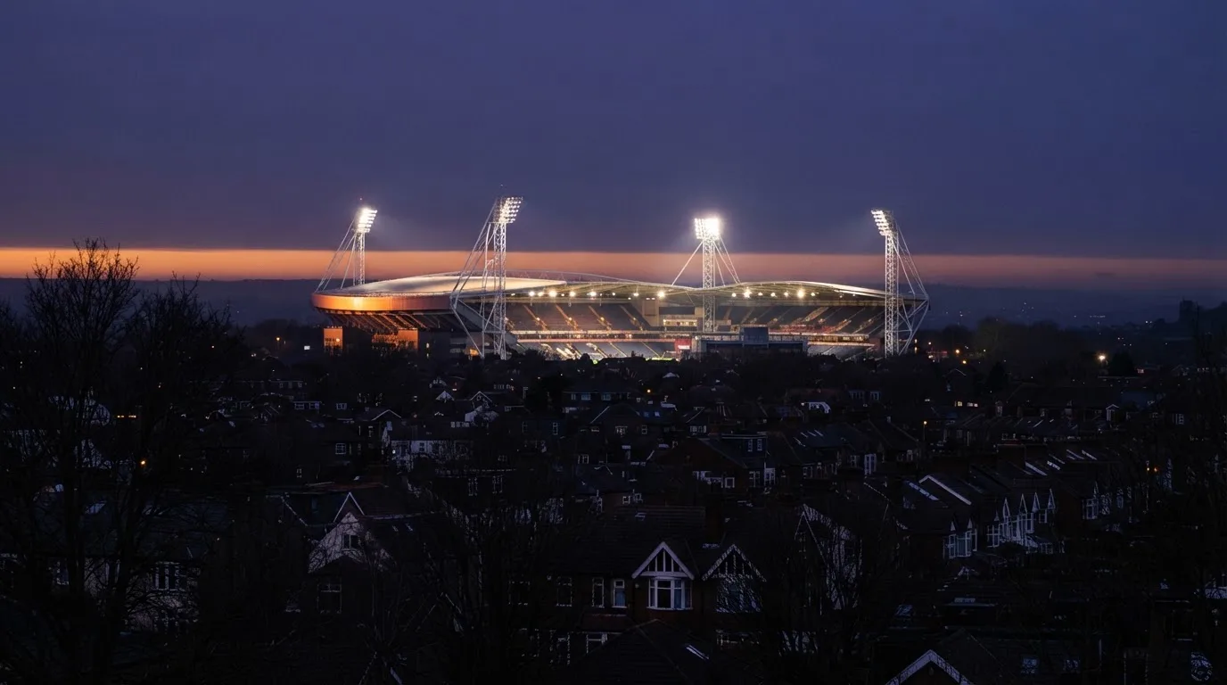 Ein Flutlichtstadion bei Dämmerung aus weiter Ferne gesehen, die Lichtmasten leuchten über Dächern und Bäumen.