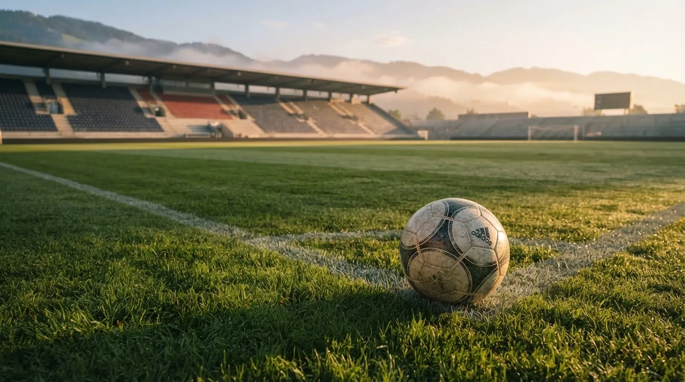 Ein Fußball liegt auf einem Rasenplatz im Morgenlicht, im Hintergrund eine ruhige Tribüne ohne Zuschauer.