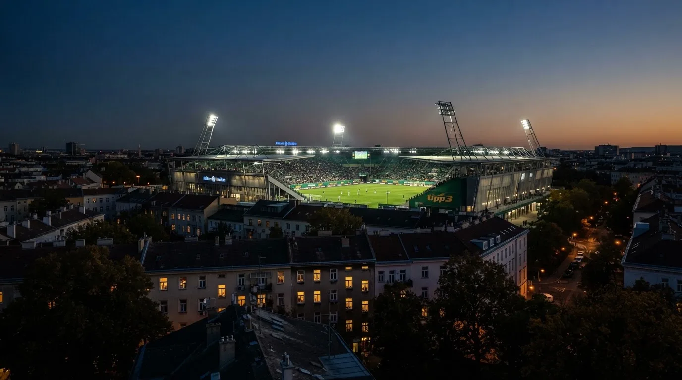 Ein Flutlichtstadion bei Dämmerung aus weiter Ferne gesehen, die Lichtmasten leuchten über Dächern und Bäumen.