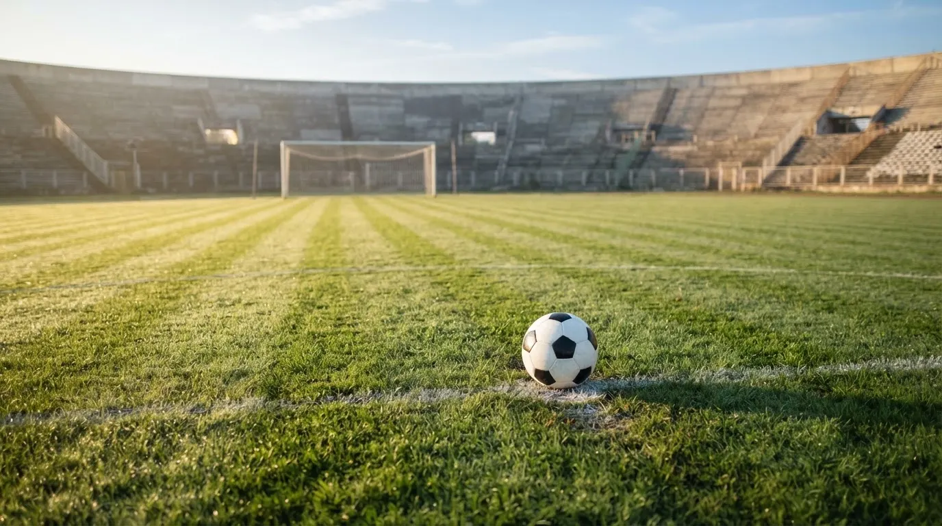 Ein Fußball liegt auf dem Elfmeterpunkt eines leeren Rasenplatzes im Morgenlicht, dahinter eine ruhige Tribüne ohne Zuschauer.