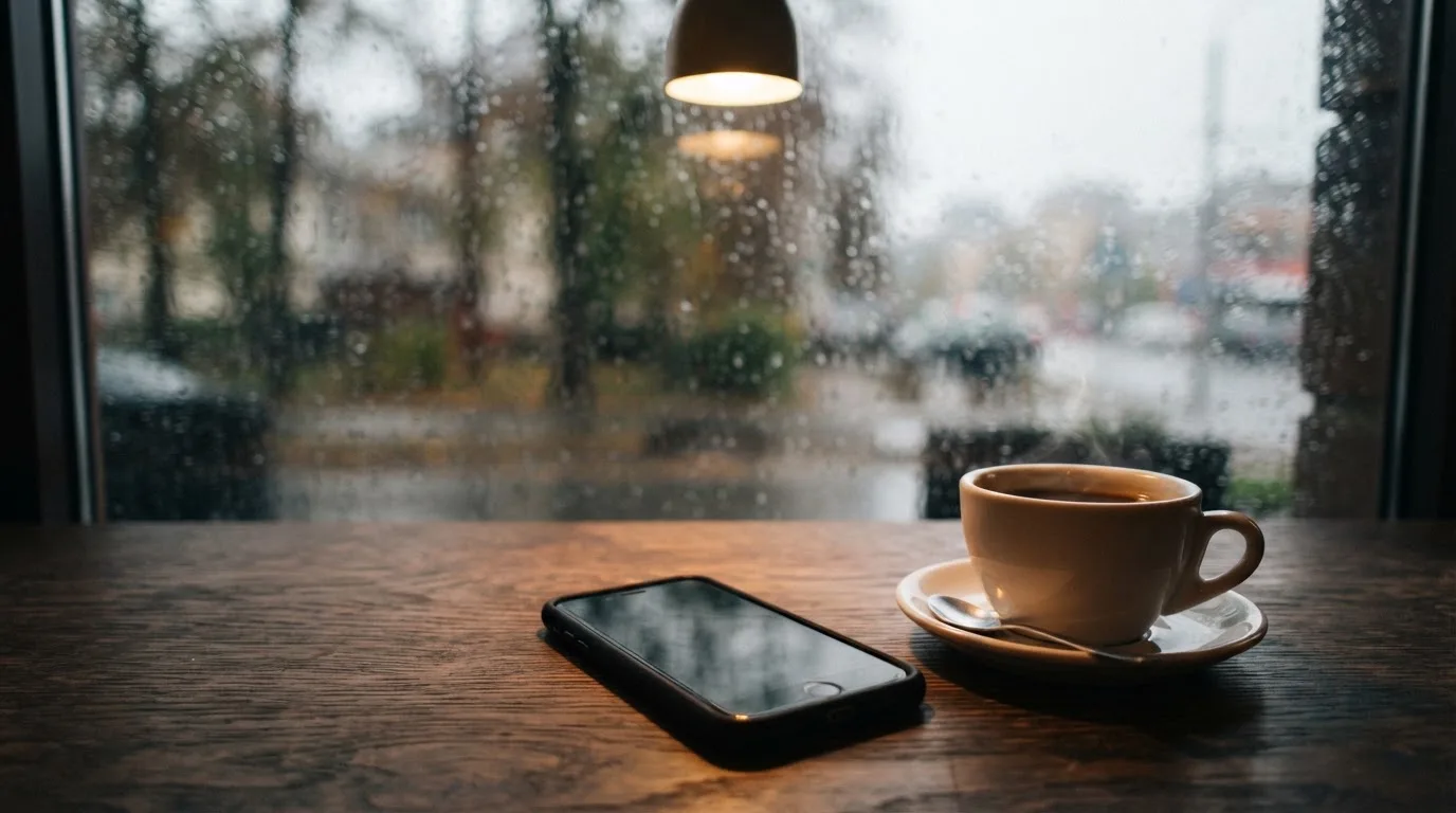 Ein Smartphone mit dunklem Display liegt neben einer Kaffeetasse auf einem Holztisch am Fenster, draußen fällt Regen.