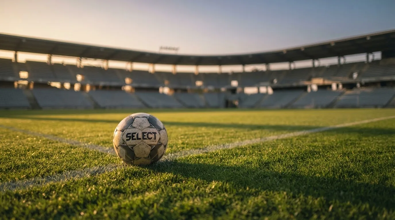 Ein Fußball liegt auf einem Rasen im Licht der tief stehenden Sonne, dahinter leere Sitzreihen.