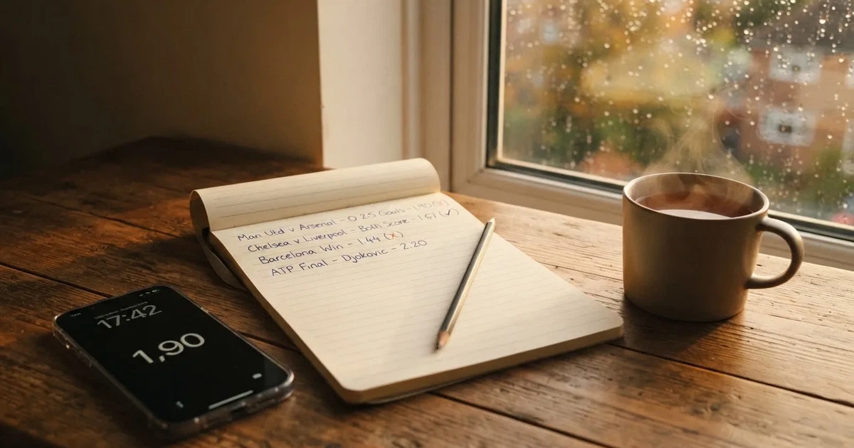 Ein Notizbuch mit handschriftlichen Notizen liegt neben einem Bleistift und einer Tasse Tee auf einem Schreibtisch am Fenster.