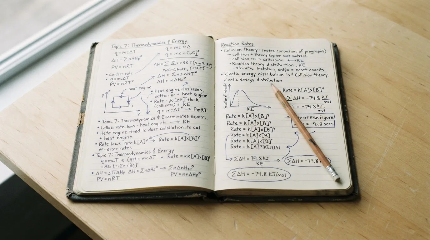 Ein aufgeschlagenes Notizbuch mit handschriftlichen Notizen liegt neben einem Bleistift auf einem hellen Holztisch.