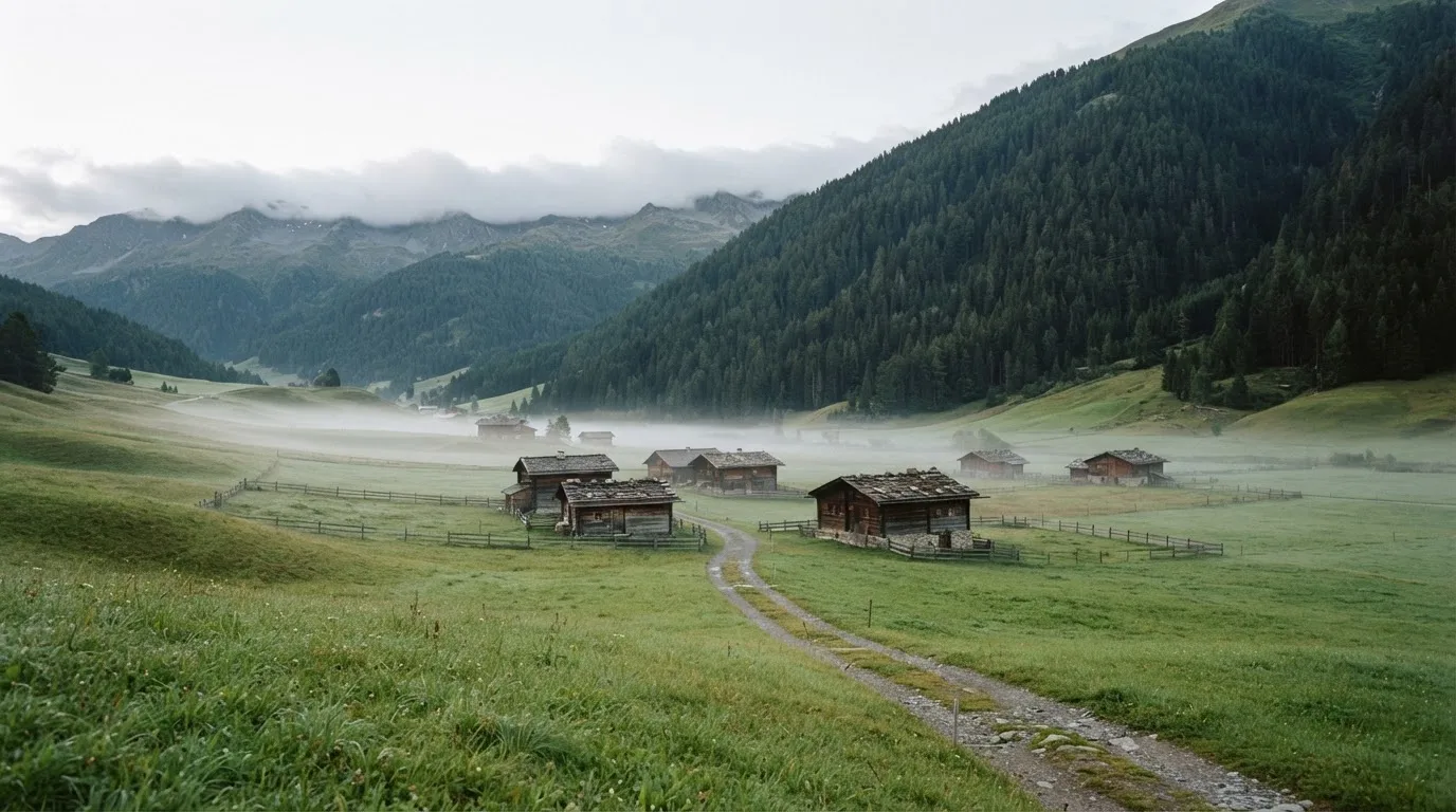 Eine Berglandschaft mit Wiesen und einzelnen Holzhäusern im Morgennebel, in der Ferne ein bewaldeter Hang.