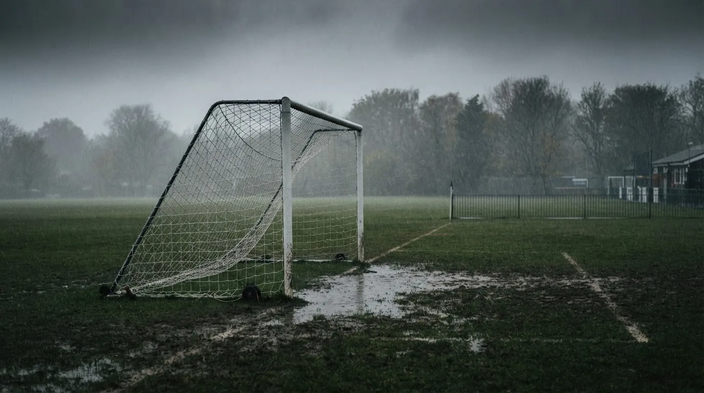 Ein Fußballtor mit Netz auf einem Trainingsplatz bei Regen, Pfützen stehen auf dem Rasen, niemand ist zu sehen.