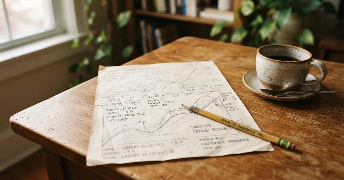 Ein Blatt Papier mit handgezeichneten Kurven und Bleistiftstrichen liegt auf einem Schreibtisch neben einer Tasse.
