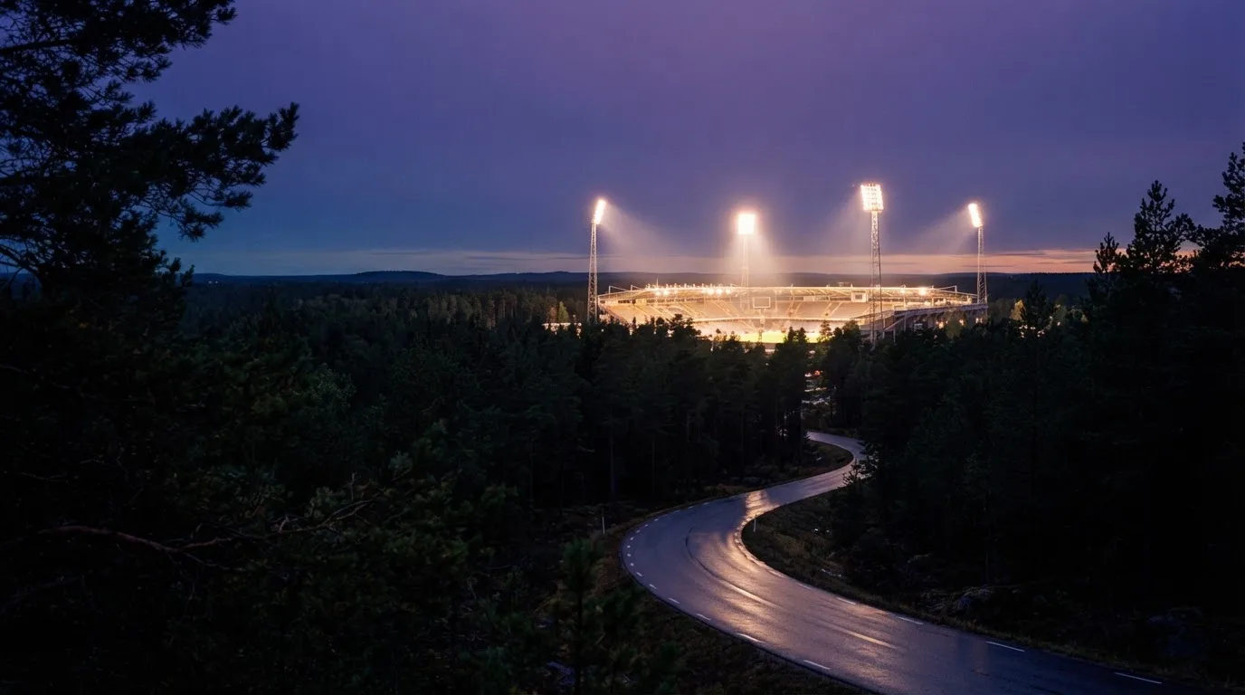Ein Flutlichtstadion in der Dämmerung aus weiter Ferne, davor ein Wald und eine leere Straße.
